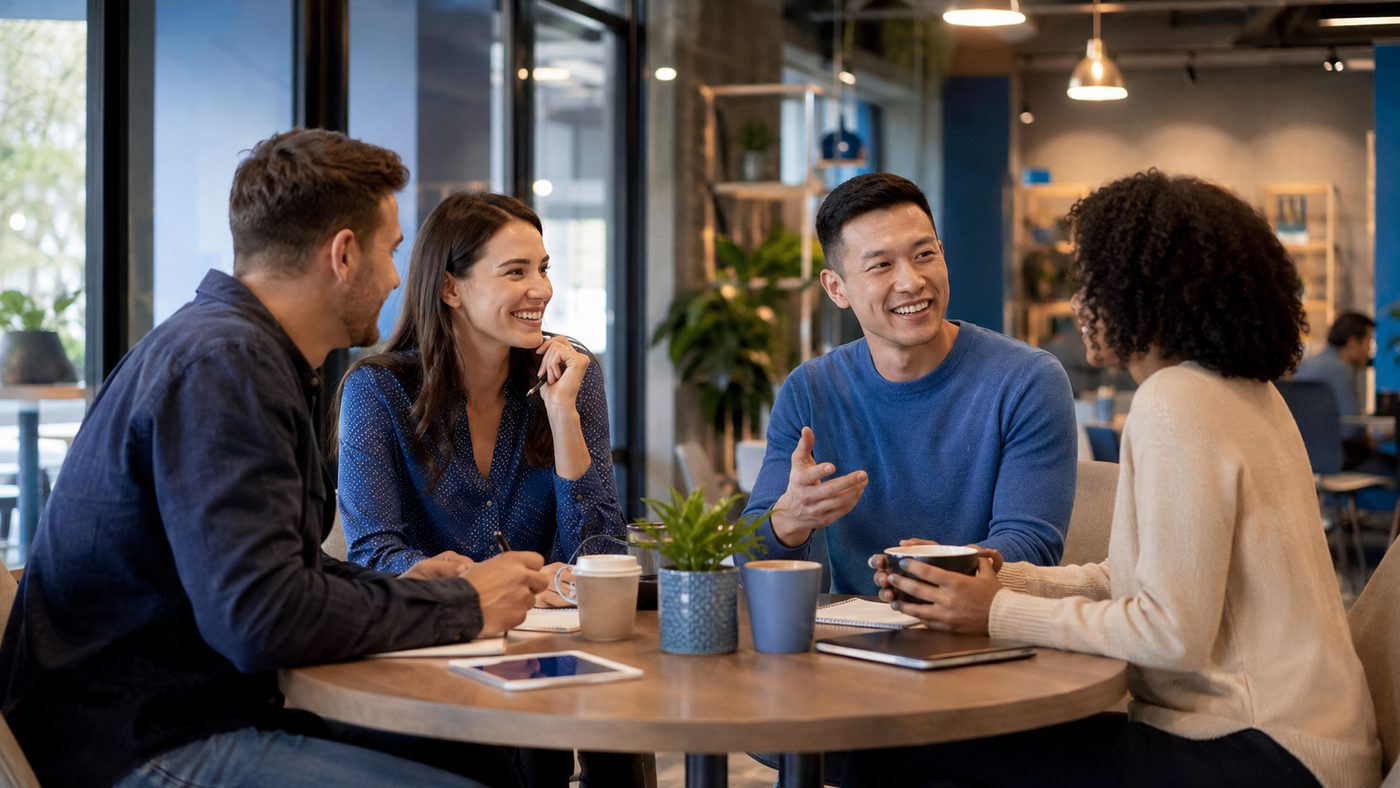 A team discussing around a table over coffee
