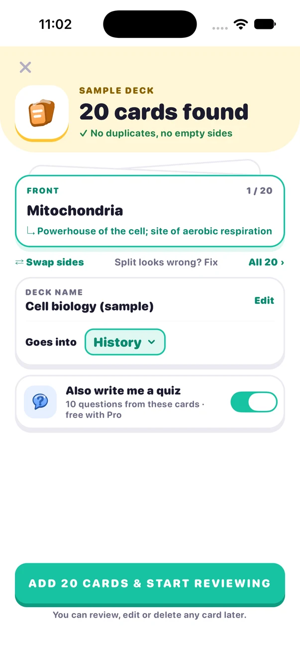 Importing 20 flashcards into Vocory
